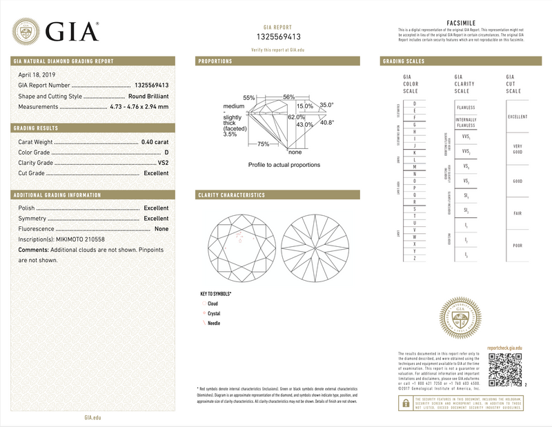 MIKIMOTO - Round Brilliant Cut - 0.40CT -  VS2 - Colour  D